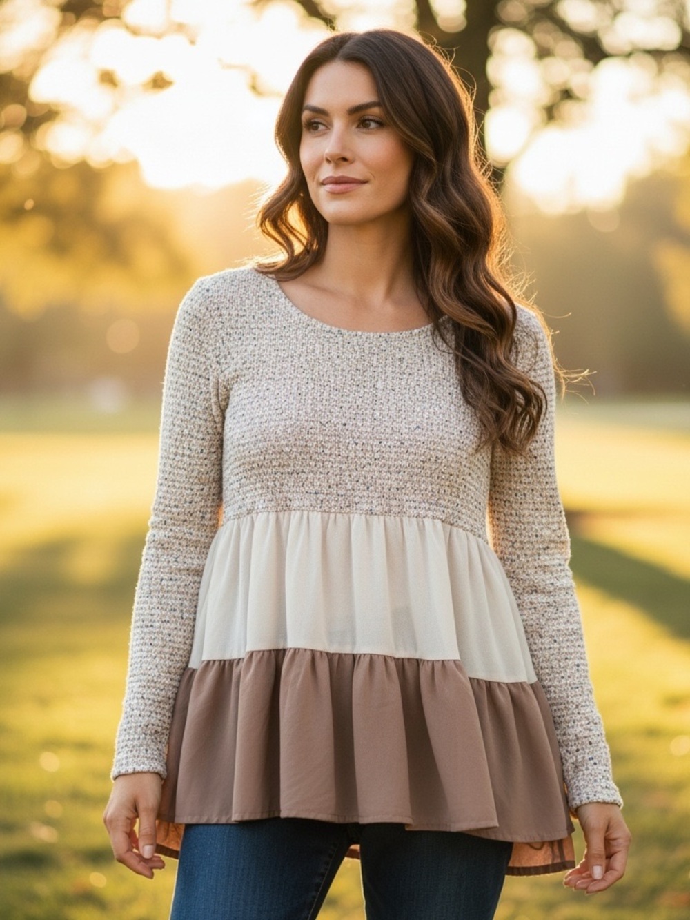 Oh Gussie // Cream and Brown Tiered Knit Peplum Top